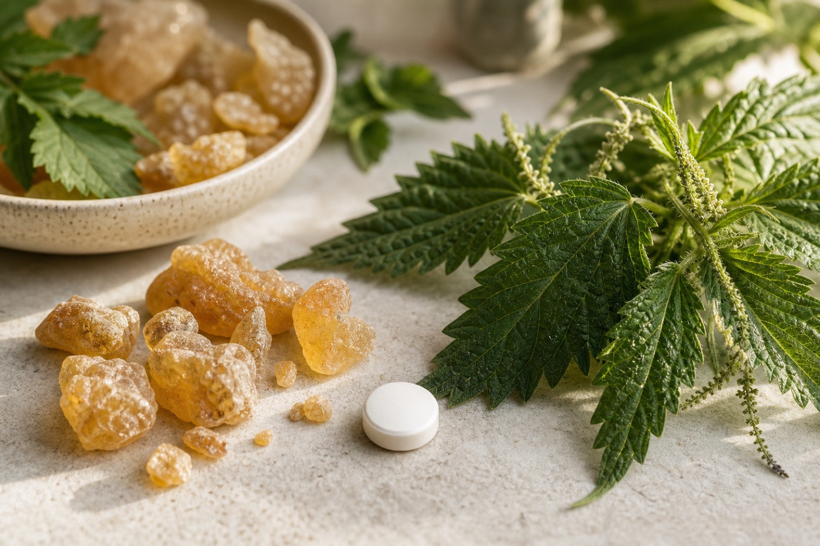 Resina di Boswellia, foglie di ortica e una compressa su piano chiaro